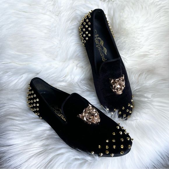 Harpelunde | Shoes | Harpelunde Spikes Velvet Loafers Sz 7 Wedding Shoes  Animal Buckle Velour Black | Poshmark